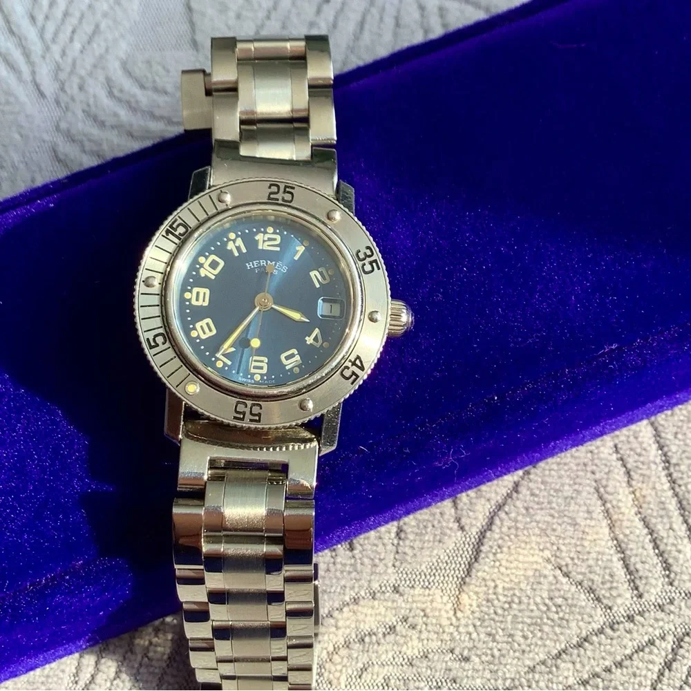 Hermes Silver Steel Bracelet Watch with Blue Dial